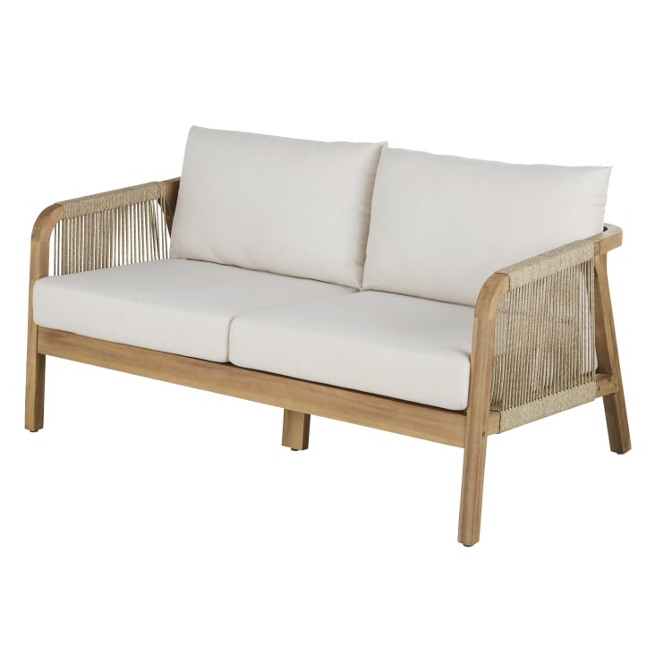 Maisons du Monde Barcares - Banqueta de jardín de madera de acacia maciza con cojines color crudo Últimos 2 días