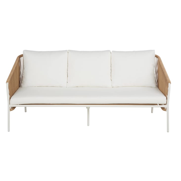Maisons du Monde Arun - Sofá de jardín de 3 plazas de resina reciclada beige y metal blanco