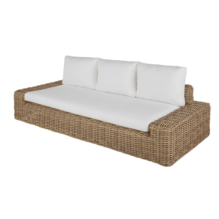 Maisons du Monde Cerrado - Sofá de jardín 3/4 plazas de resina reciclada tejida imitación ratán con cojines blancos de poliéster reciclado Liquidación