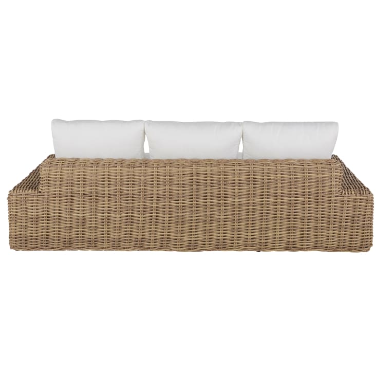 Maisons du Monde Cerrado - Sofá de jardín 3/4 plazas de resina reciclada tejida imitación ratán con cojines blancos de poliéster reciclado Liquidación