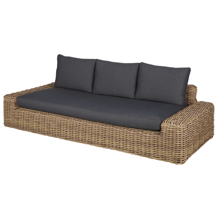 Maisons du Monde Cerrado - Sofá de exterior para 3/4 personas de resina trenzada reciclada efecto ratán y poliéster reciclado gris antracita Envío internacional gratuito