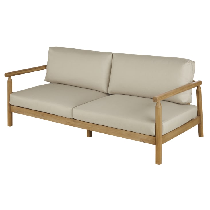 Maisons du Monde Moscari - Sofá de jardín de 3 plazas de madera de acacia maciza con cojines de tela reciclada beige Precios de Black Friday