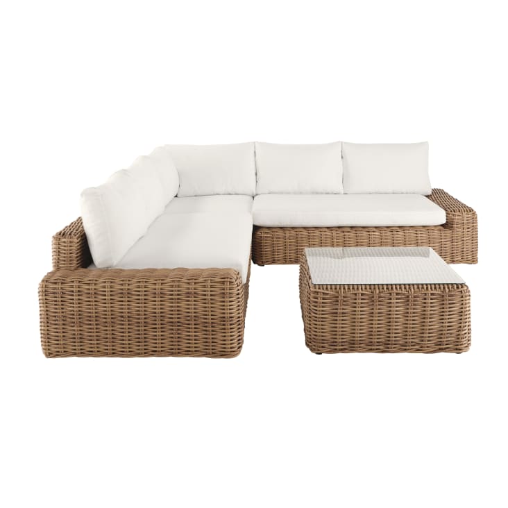Maisons du Monde Cerrado - Conjunto de muebles de jardín de 5 plazas de imitación de ratán tejido de resina reciclada con cojines de poliéster reciclado de color blanco hueso