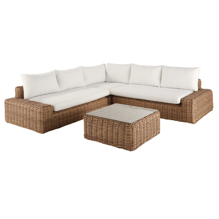 Maisons du Monde Cerrado - Conjunto de muebles de jardín de 5 plazas de imitación de ratán tejido de resina reciclada con cojines de poliéster reciclado de color blanco hueso Grandes ahorros