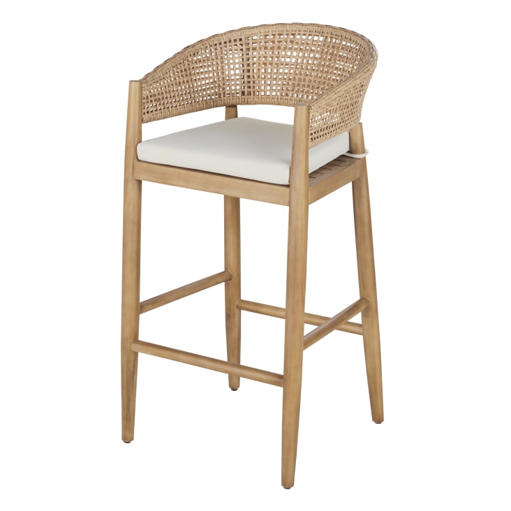 Maisons du Monde Bari Business - Sillón de bar de jardín profesional de madera de acacia cuerda beige y cojines en crudo