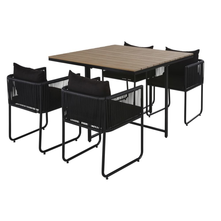 Maisons du Monde Swann - Mesa de jardín de composite de imitación à teca para 4 personas L. 110 y sillones (x4) de resina negra