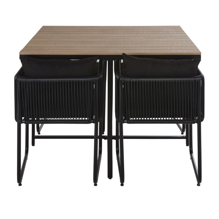 Maisons du Monde Swann - Mesa de jardín de composite de imitación à teca para 4 personas L. 110 y sillones (x4) de resina negra Precios de Black Friday