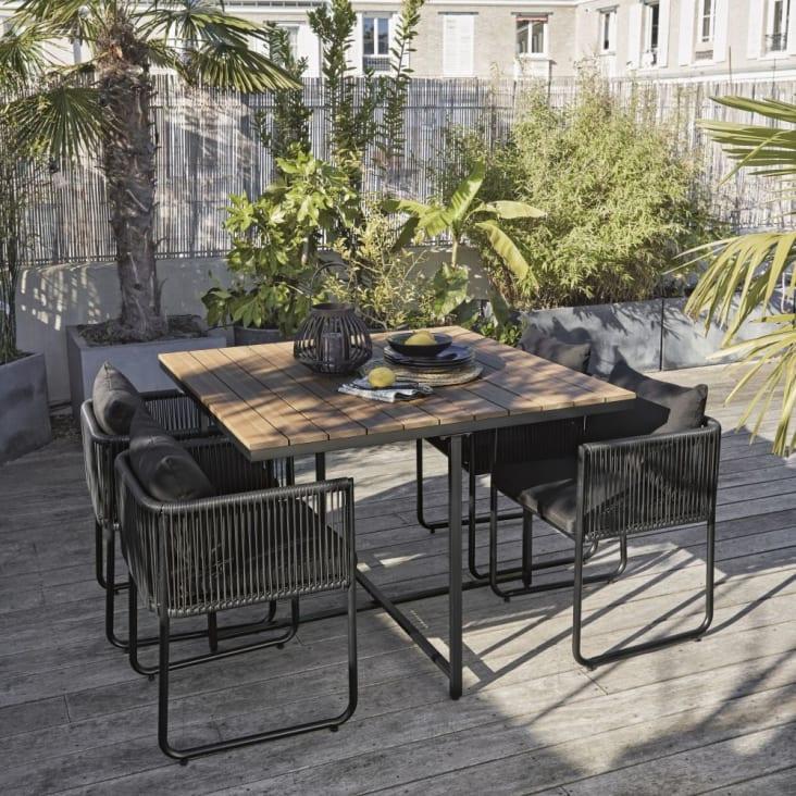Maisons du Monde Swann - Mesa de jardín de composite de imitación à teca para 4 personas L. 110 y sillones (x4) de resina negra Precios de Black Friday
