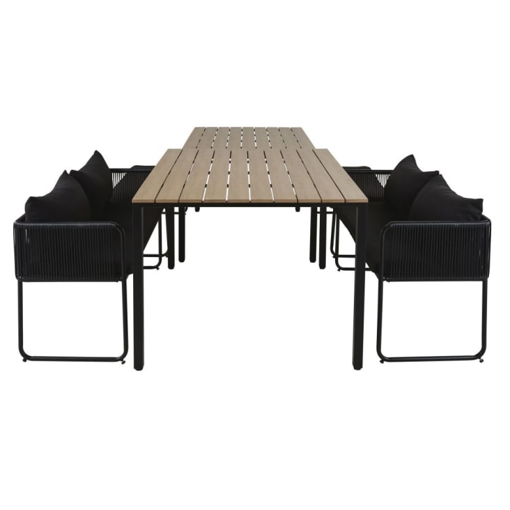 Maisons du Monde Swann - Mesas para 4 personas (x2) en compuesto efecto teca y bancos (x4) de resina negra Libre de impuestos