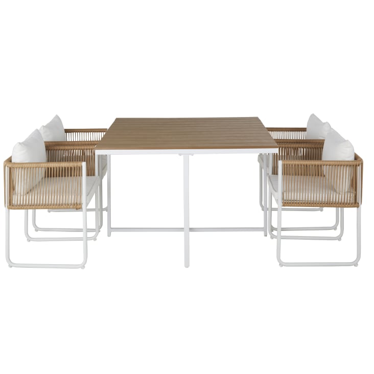 Maisons du Monde Swann - Mesa de jardín de compuesto efecto teca para 4 personas. L. 110 y sillones encajables (x4) de resina reciclada efecto mimbre