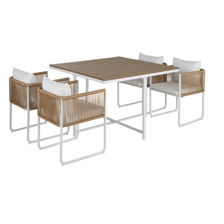 Maisons du Monde Swann - Mesa de jardín de compuesto efecto teca para 4 personas. L. 110 y sillones encajables (x4) de resina reciclada efecto mimbre Descuentos del mes