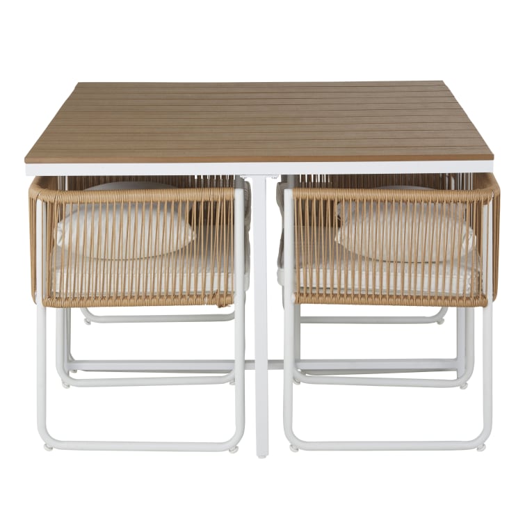 Maisons du Monde Swann - Mesa de jardín de compuesto efecto teca para 4 personas. L. 110 y sillones encajables (x4) de resina reciclada efecto mimbre Descuentos del mes
