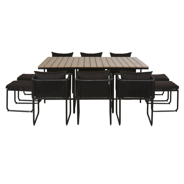 Maisons du Monde Swann - Mesa de jardín de material compuesto efecto teca para 6/10 personas L. 170 con sillones (x6) y taburetes (x4) de resina negra Última moda