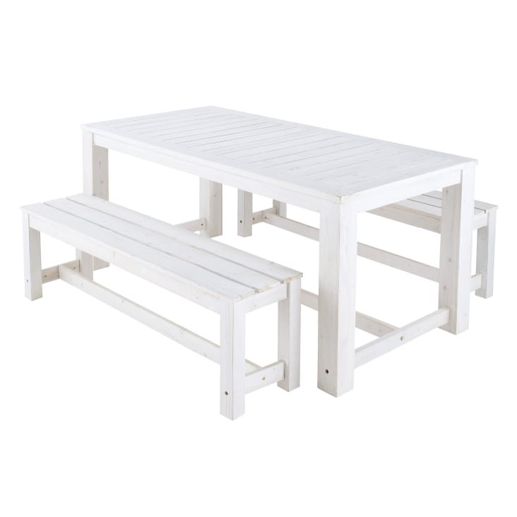 Maisons du Monde Bréhat - Mesa + 2bancos de jardín de madera blanca L. 180cm