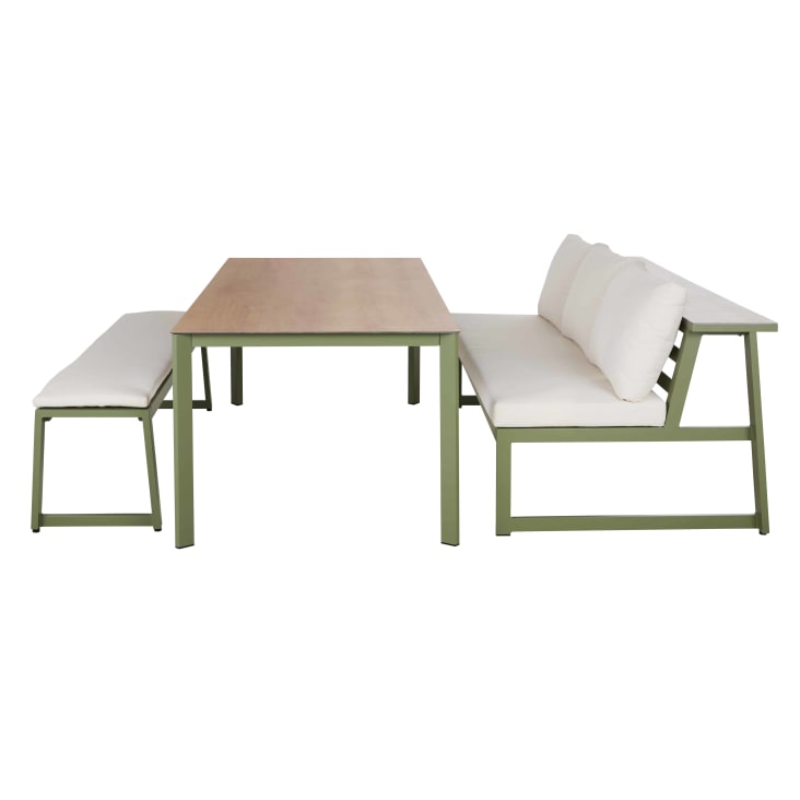Maisons du Monde Jaden - Conjunto de banco de exterior de aluminio verde caqui y cojines color crudo 1 banco y 1 mesa Rebajas de fin de temporada