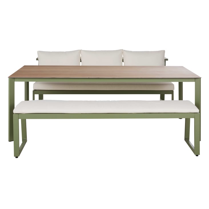 Maisons du Monde Jaden - Conjunto de banco de exterior de aluminio verde caqui y cojines color crudo 1 banco y 1 mesa Rebajas de fin de temporada