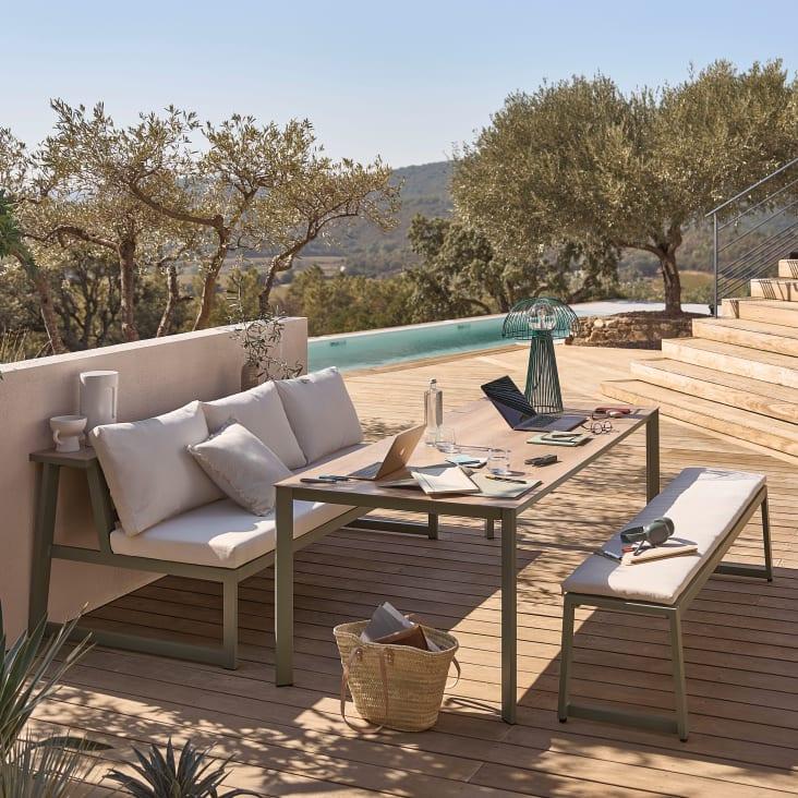 Maisons du Monde Jaden - Conjunto de banco de exterior de aluminio verde caqui y cojines color crudo 1 banco y 1 mesa Rebajas de fin de temporada