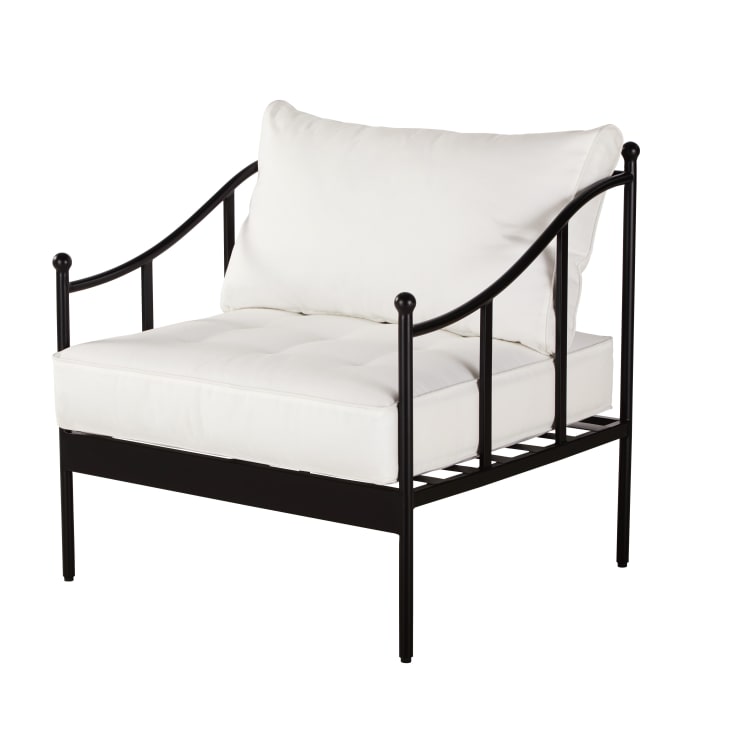Maisons du Monde Marignane - Sillón de jardín de acero negro y cojines color blanco roto