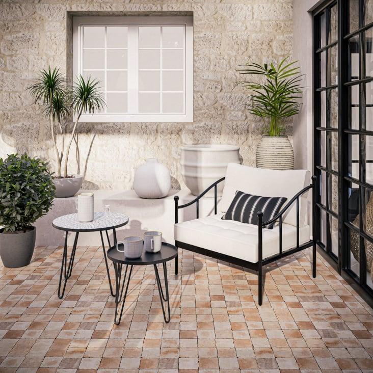 Maisons du Monde Marignane - Sillón de jardín de acero negro y cojines color blanco roto Outlet