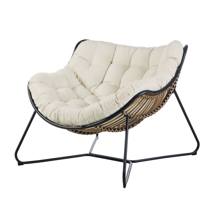 Maisons du Monde Tilos - Sillón de jardín de resina efecto ratán/metal negro/cojines crudo