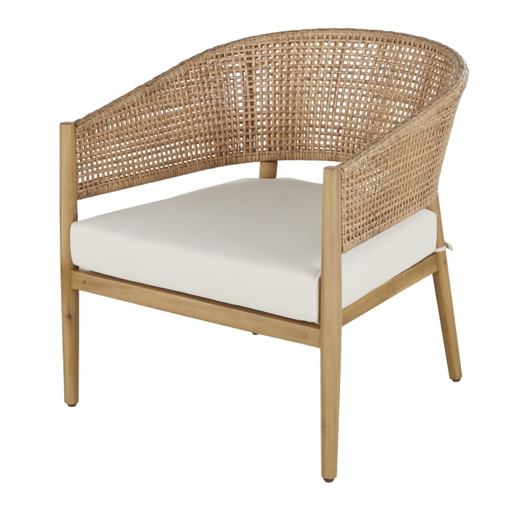 Maisons du Monde Bari Business - Sillón de jardín profesional de resina trenzada efecto ratán con cojín color crudo de tejido reciclado