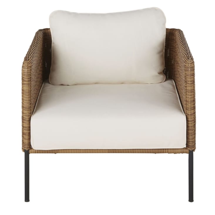 Maisons du Monde Joran - Sillón de jardín de resina trenzada efecto ratán con cojines color crudo ÚLTIMAS EDICIONES