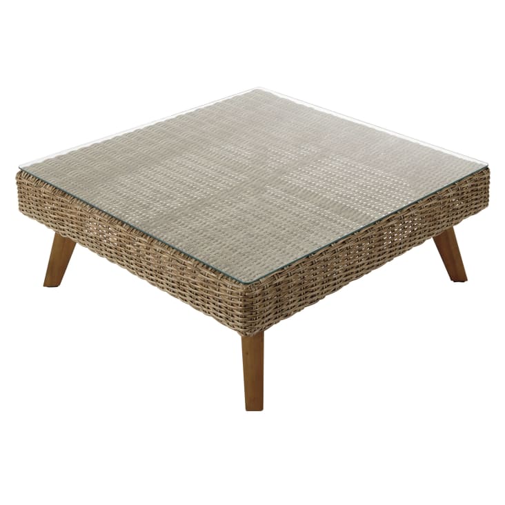 Maisons du Monde Feroe - Mesa baja de jardín de vidrio templado y resina trenzada L. 80cm Tienda