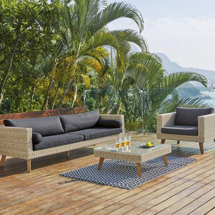 Maisons du Monde Feroe - Mesa baja de jardín de vidrio templado y resina trenzada L. 80cm Tienda