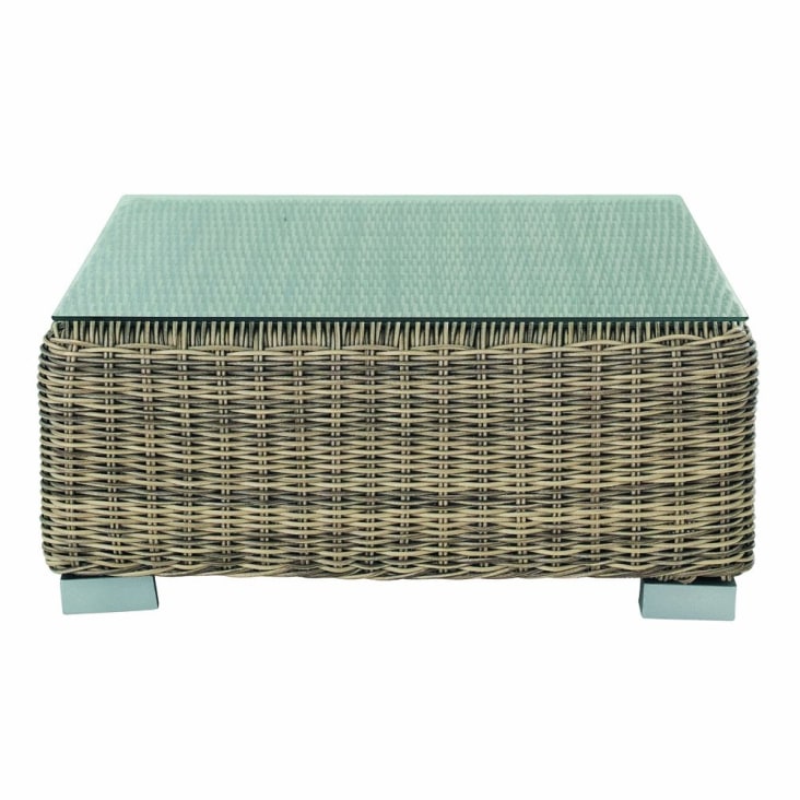 Maisons du Monde St Raphaël - Mesa baja de jardín de vidrio templado y resina trenzada reciclada Rebajas top