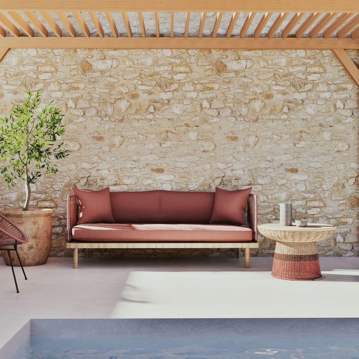 Maisons du Monde Bagoa - Mesita de café redonda para jardín de madera de teca y resina trenzada en coral y terracota D. 70 Oferta especial