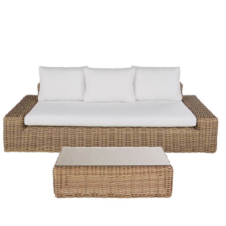 Maisons du Monde Cerrado - Mesa de centro de jardín de resina beige y vidrio templado de 119 cm Solo hoy