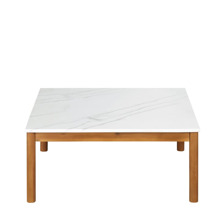 Maisons du Monde Ternino - Mesa baja de exterior de compuesto efecto mármol blanco y madera de acacia