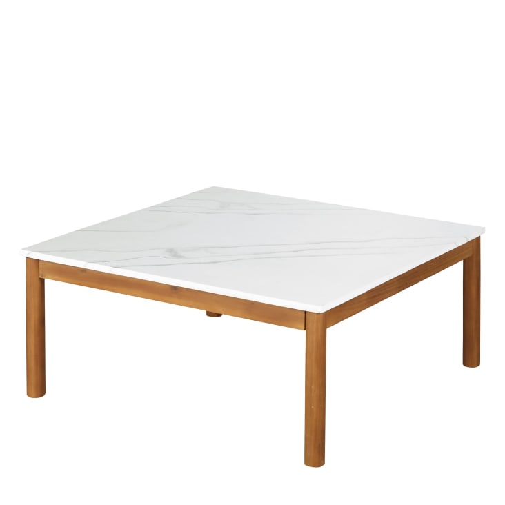Maisons du Monde Ternino - Mesa baja de exterior de compuesto efecto mármol blanco y madera de acacia Oferta especial de fábrica