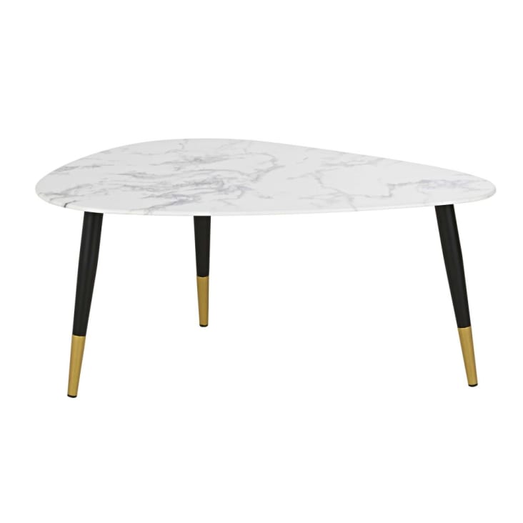 Maisons du Monde Phea - Mesa baja de cristal con efecto mármol blanco y metal color latón y negro