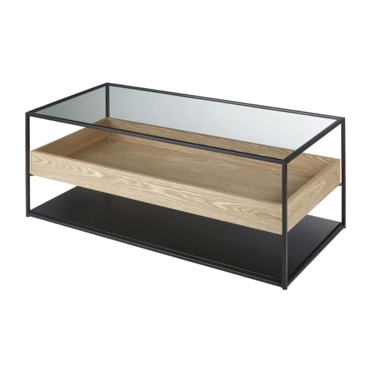 Maisons du Monde Raven - Mesa baja de vidrio templado y metal negro Ofertas especiales