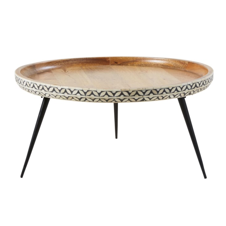 Maisons du Monde Krishna - Mesa baja redonda de mango macizo tallado y metal negro