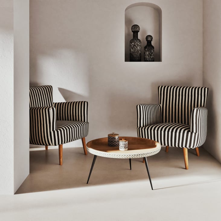 Maisons du Monde Krishna - Mesa baja redonda de mango macizo tallado y metal negro Rebajas de fin de temporada