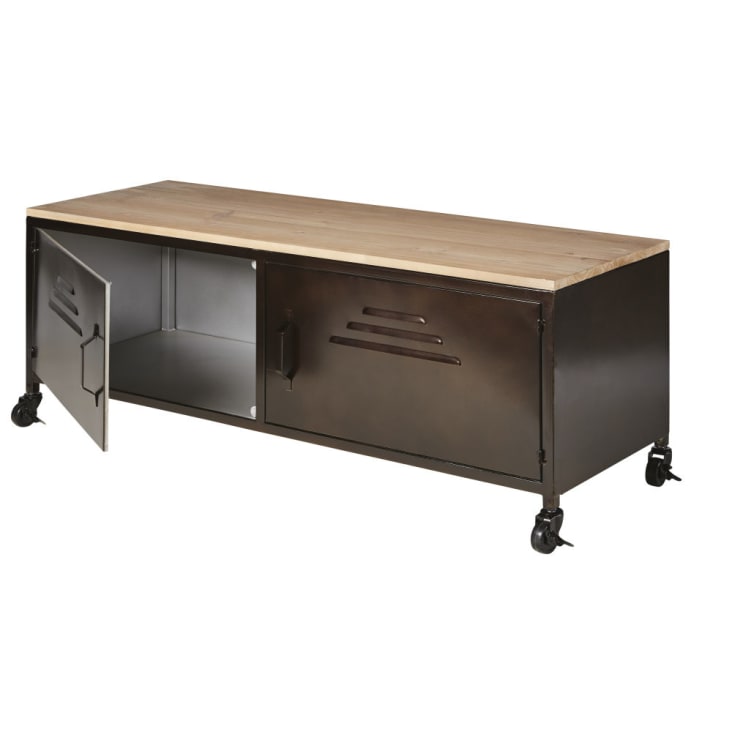 Maisons du Monde Wayne - Mueble de TV industrial con ruedas 2 puertas de metal y abeto Precios de Black Friday