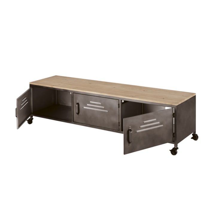 Maisons du Monde Wayne - Mueble de TV con 3 puertas y ruedas metal gris y mango macizo Ofertas especiales