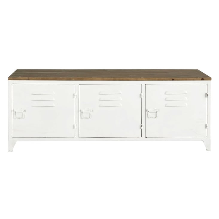 Maisons du Monde Bruce - Mueble de TV industrial 3 puertas de metal blanco y abeto