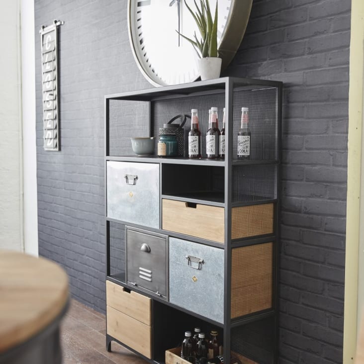 Maisons du Monde Harvey - Estantería industrial con 4 cajones y 1 puerta de abeto y metal Rebajas baratas
