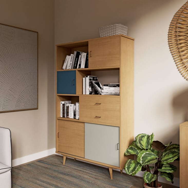 Maisons du Monde Jeannette - Biblioteca de 4 puertas y 2 cajones color gris azulado gris y crudo Los más vendidos
