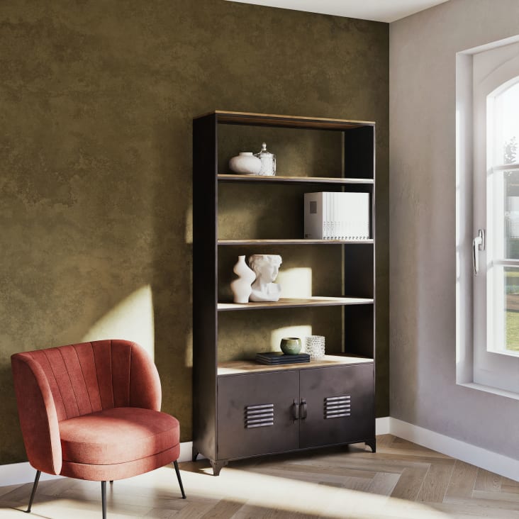 Maisons du Monde Wayne - Biblioteca con 2 puertas grises de metal y mango macizo Tienda