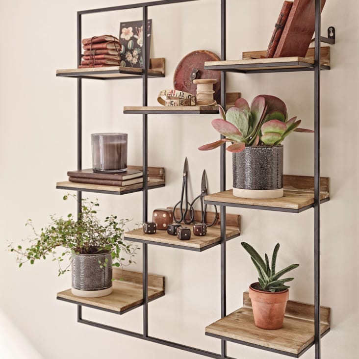 Maisons du Monde ROGER - Estantería de pared de madera de abeto y metal negro Precios de Black Friday