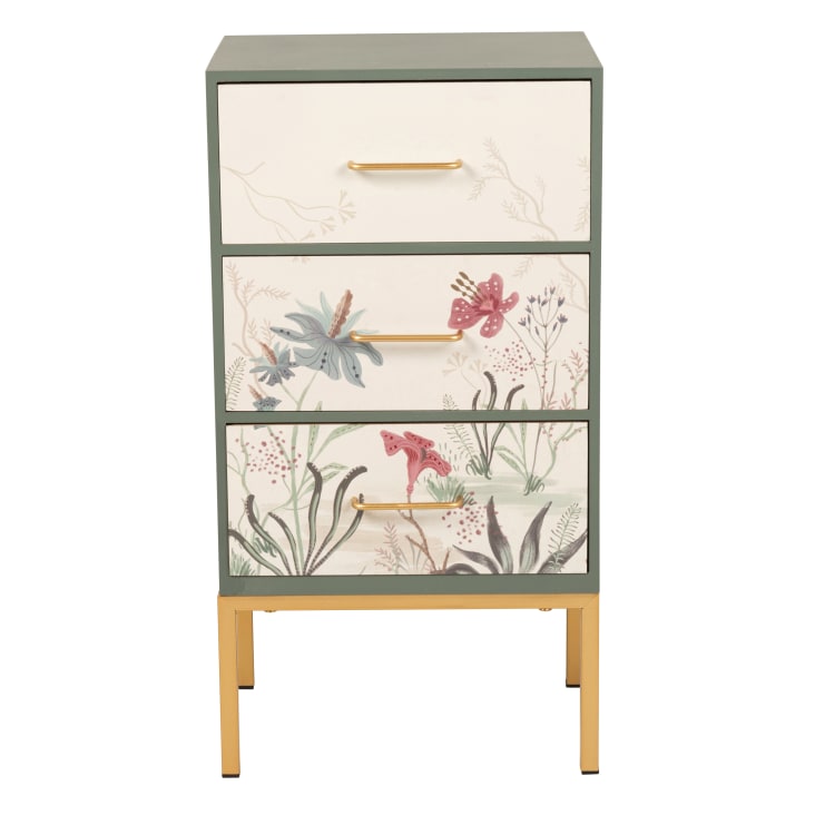 Maisons du Monde Pequeño mueble de almacenamiento de 3 cajones con flores verde y beige Gran oferta