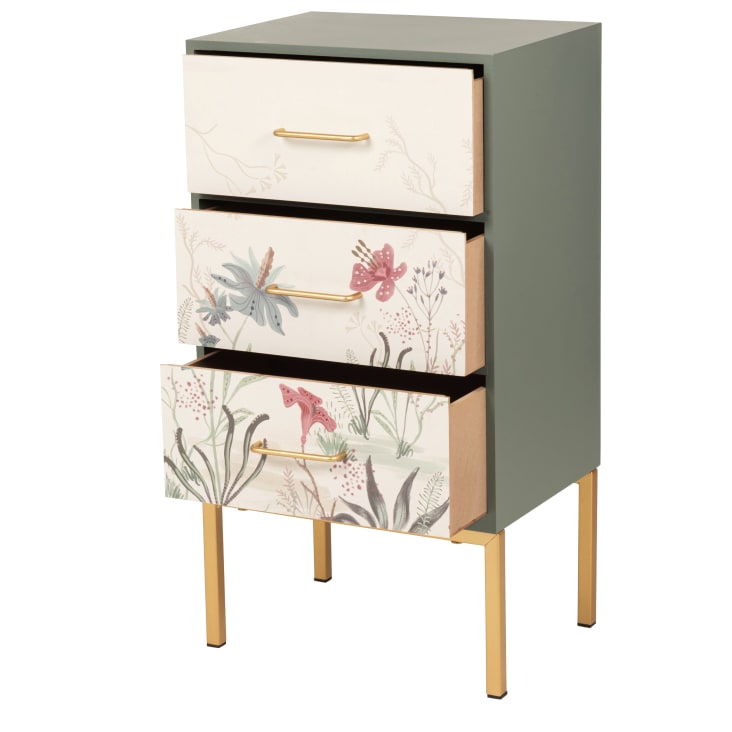 Maisons du Monde Pequeño mueble de almacenamiento de 3 cajones con flores verde y beige Gran oferta