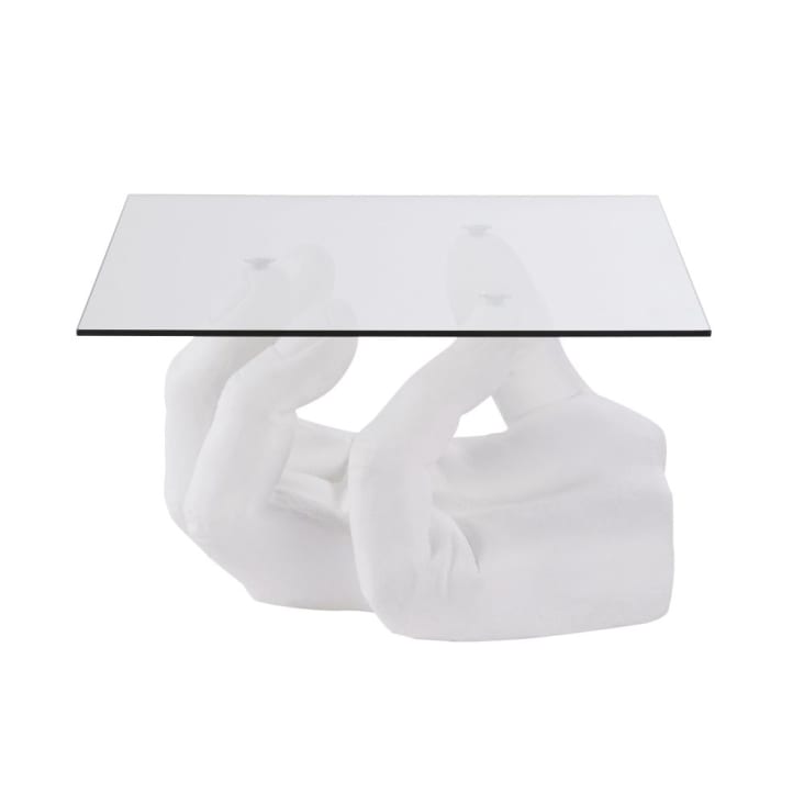 Maisons du Monde ALESSA - Mesa auxiliar de cristal y mano en magnesita blanca
