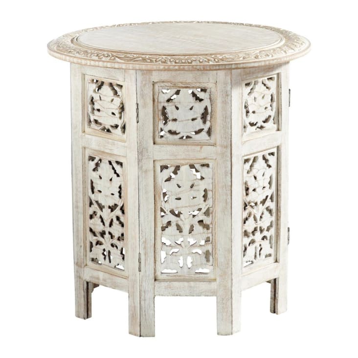 Maisons du Monde Saranya - Mesa auxiliar de madera de mango incisa blanca Promoción por tiempo limitado