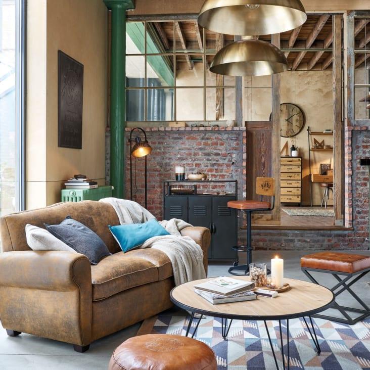 Maisons du Monde HENOR - Taburete de piel marrón y metal negro Grandes ahorros