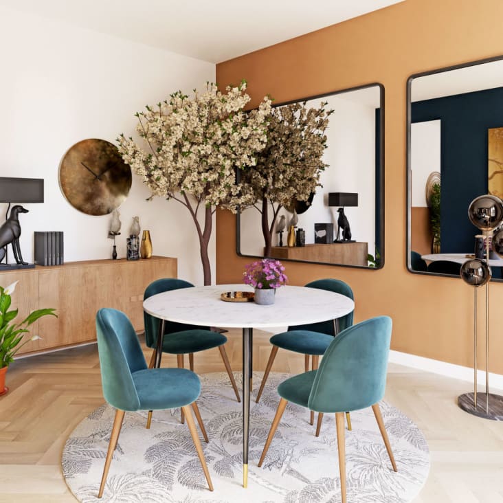 Maisons du Monde Phea - Mesa de comedor de cristal con efecto mármol blanco y metal color latón y negro para 5/6 personas 120 cm de diámetro Precio de fábrica